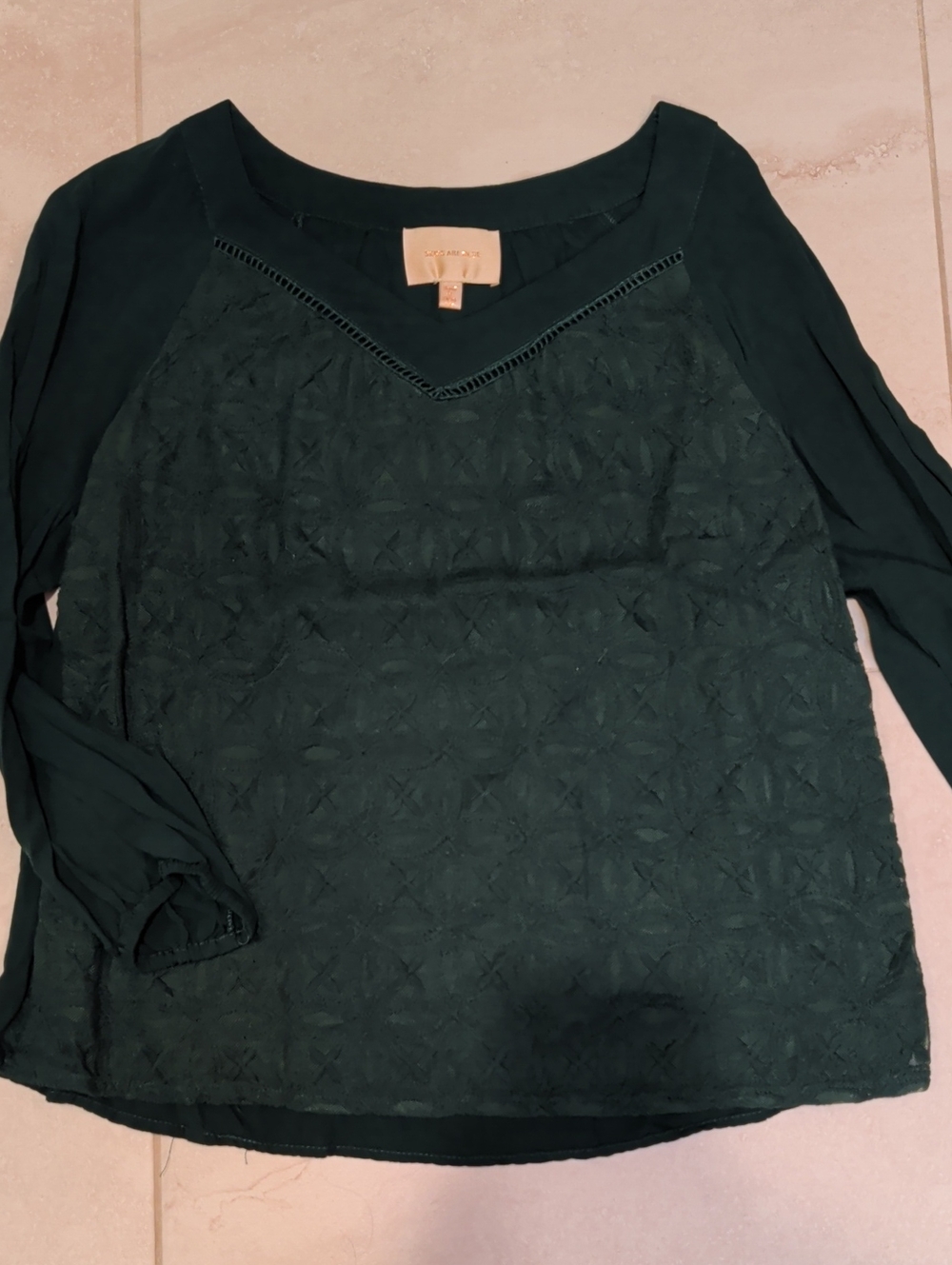 Skies Are Blue Dark Green Lace-Front Blouse -Large Petite